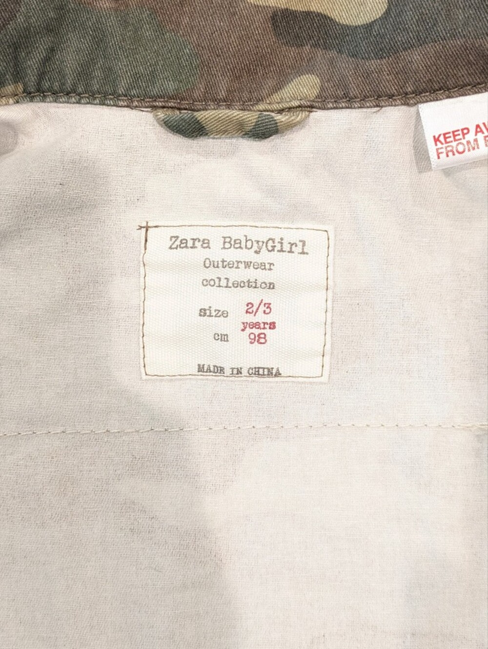 Zara "Happy Smile Crew" Camo Jacket, Size 2/3 - Picture 4 of 5